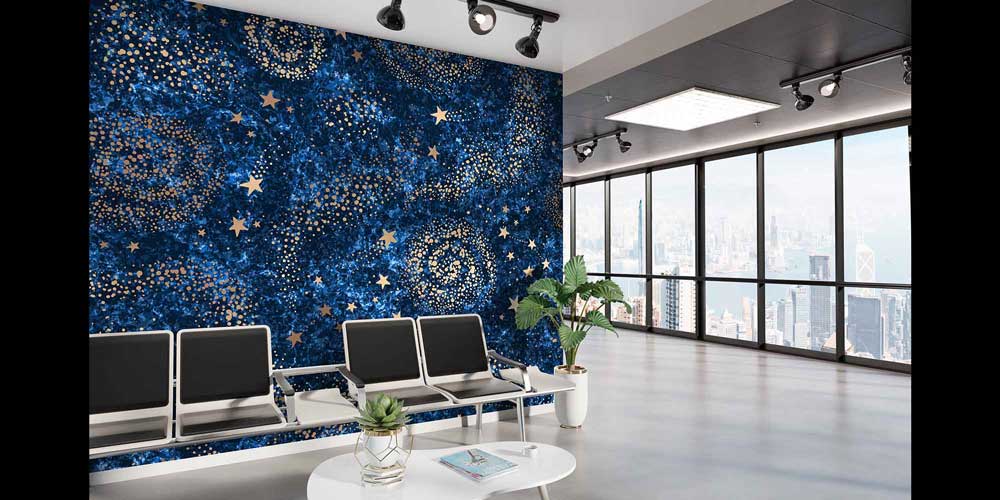 Lacivert Galaksi ve Altın Yıldız Desenli Uzay Temalı Duvar Kağıdı 4336