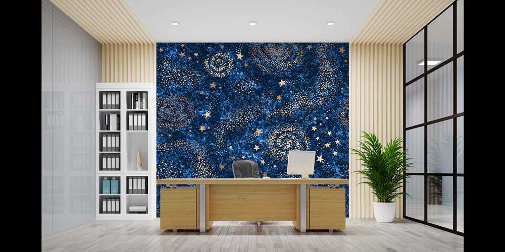 Lacivert Galaksi ve Altın Yıldız Desenli Uzay Temalı Duvar Kağıdı 4336