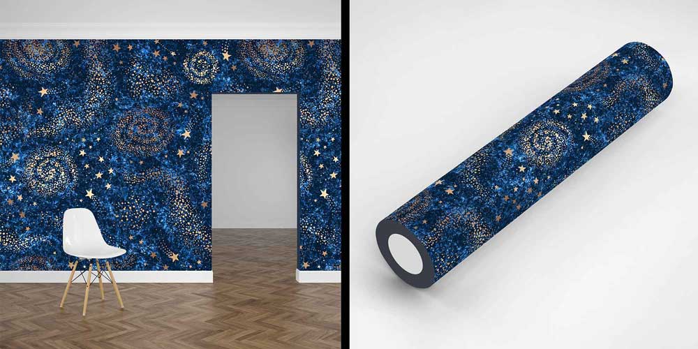Lacivert Galaksi ve Altın Yıldız Desenli Uzay Temalı Duvar Kağıdı 4336