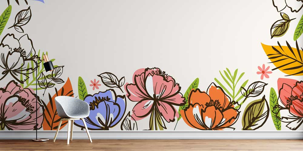 Renkli Çizgisel Çiçek Desenli Modern Duvar Kağıdı 4254