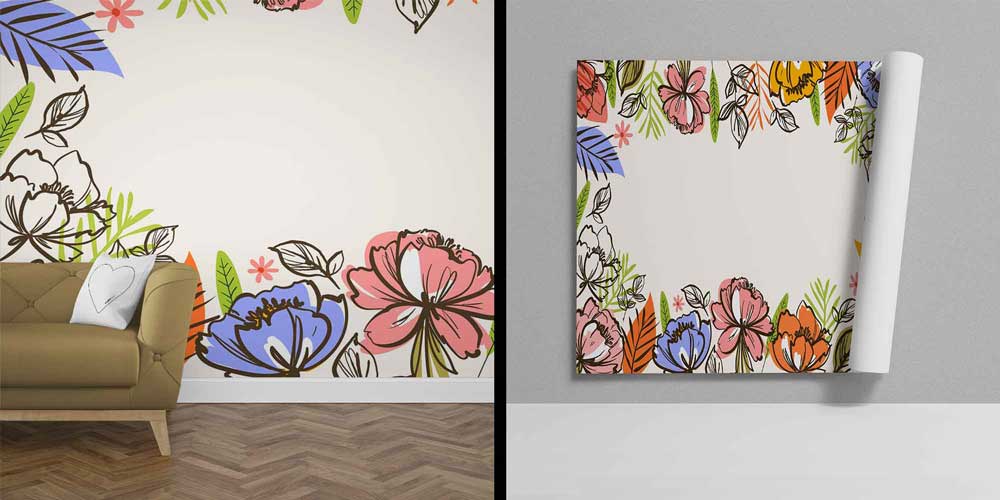 Renkli Çizgisel Çiçek Desenli Modern Duvar Kağıdı 4254