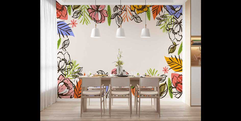 Renkli Çizgisel Çiçek Desenli Modern Duvar Kağıdı 4254