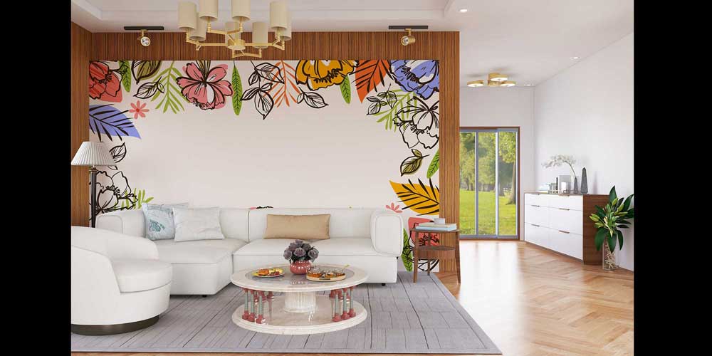 Renkli Çizgisel Çiçek Desenli Modern Duvar Kağıdı 4254