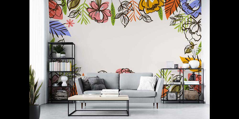 Renkli Çizgisel Çiçek Desenli Modern Duvar Kağıdı 4254