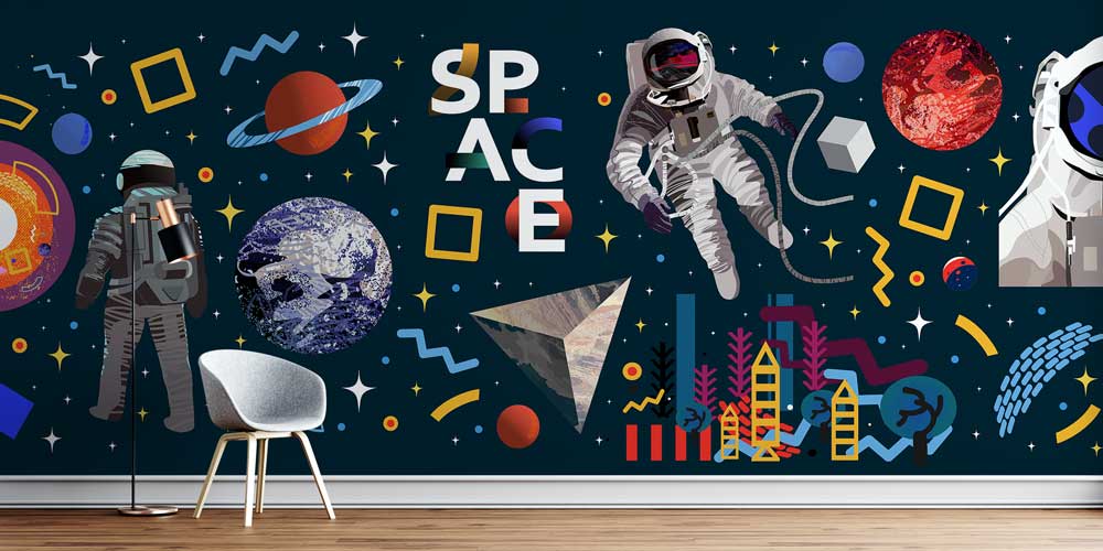 Astronot ve Gezegen Desenli Uzay Temalı Çocuk Odası Duvar Kağıdı 4338