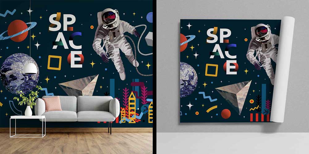 Astronot ve Gezegen Desenli Uzay Temalı Çocuk Odası Duvar Kağıdı 4338