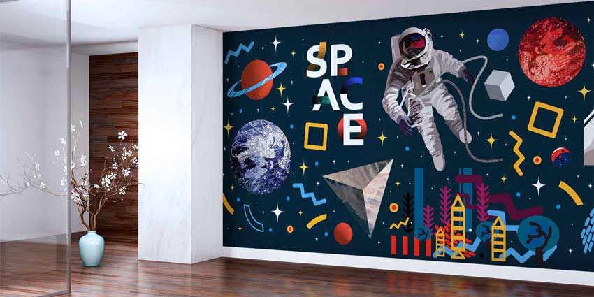 Astronot ve Gezegen Desenli Uzay Temalı Çocuk Odası Duvar Kağıdı 4338