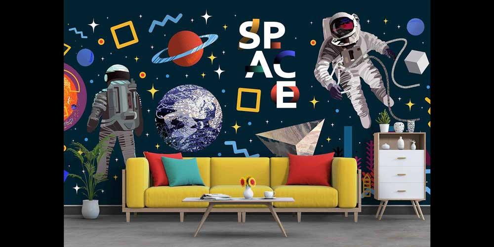 Astronot ve Gezegen Desenli Uzay Temalı Çocuk Odası Duvar Kağıdı 4338
