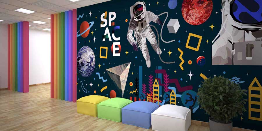 Astronot ve Gezegen Desenli Uzay Temalı Çocuk Odası Duvar Kağıdı 4338