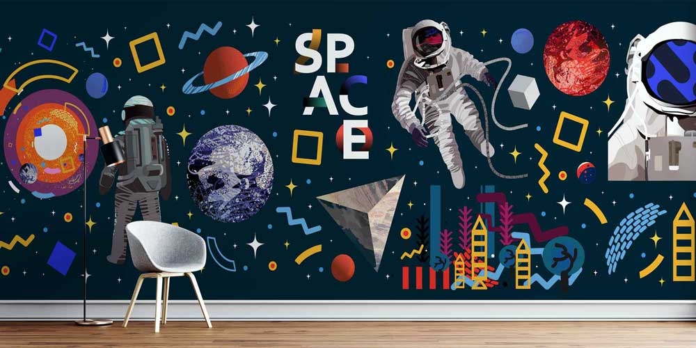 Astronot ve Gezegen Desenli Uzay Temalı Çocuk Odası Duvar Kağıdı 4338