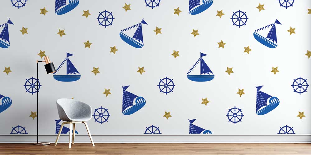 Yelkenli ve Dümen Desenli Deniz Temalı Duvar Kağıdı 4625