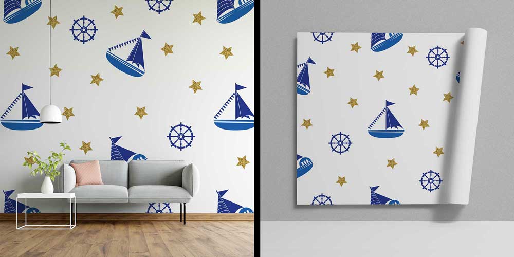 Yelkenli ve Dümen Desenli Deniz Temalı Duvar Kağıdı 4625
