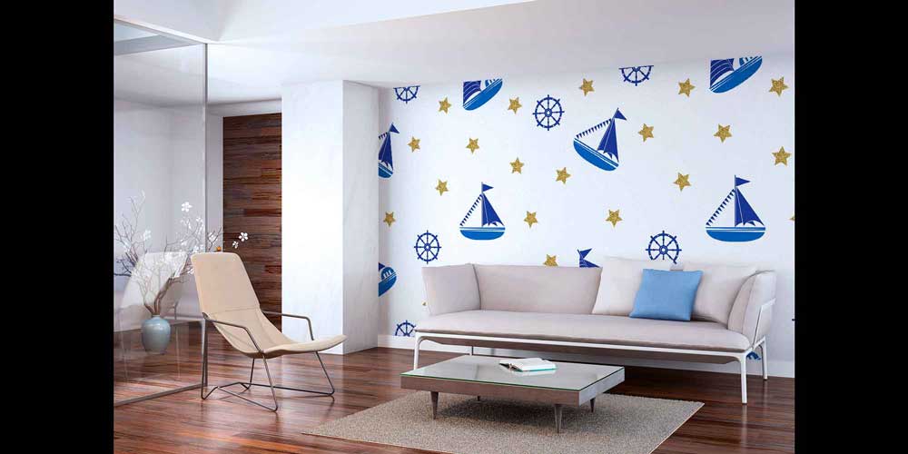 Yelkenli ve Dümen Desenli Deniz Temalı Duvar Kağıdı 4625