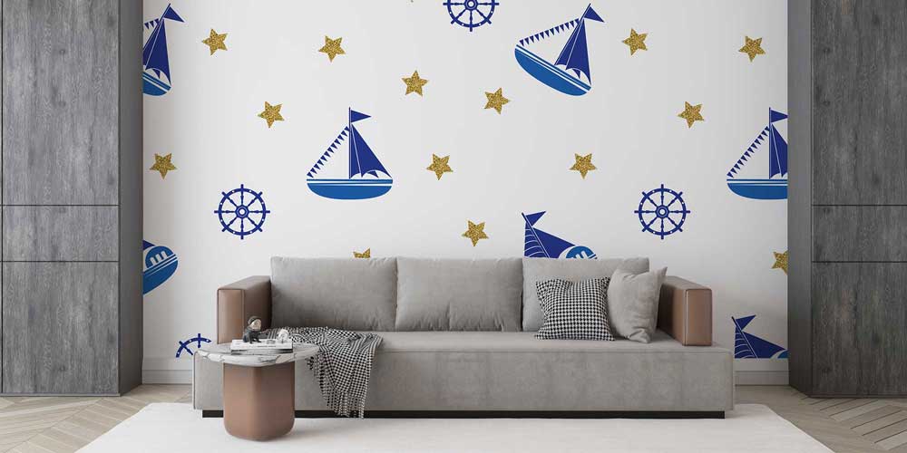 Yelkenli ve Dümen Desenli Deniz Temalı Duvar Kağıdı 4625