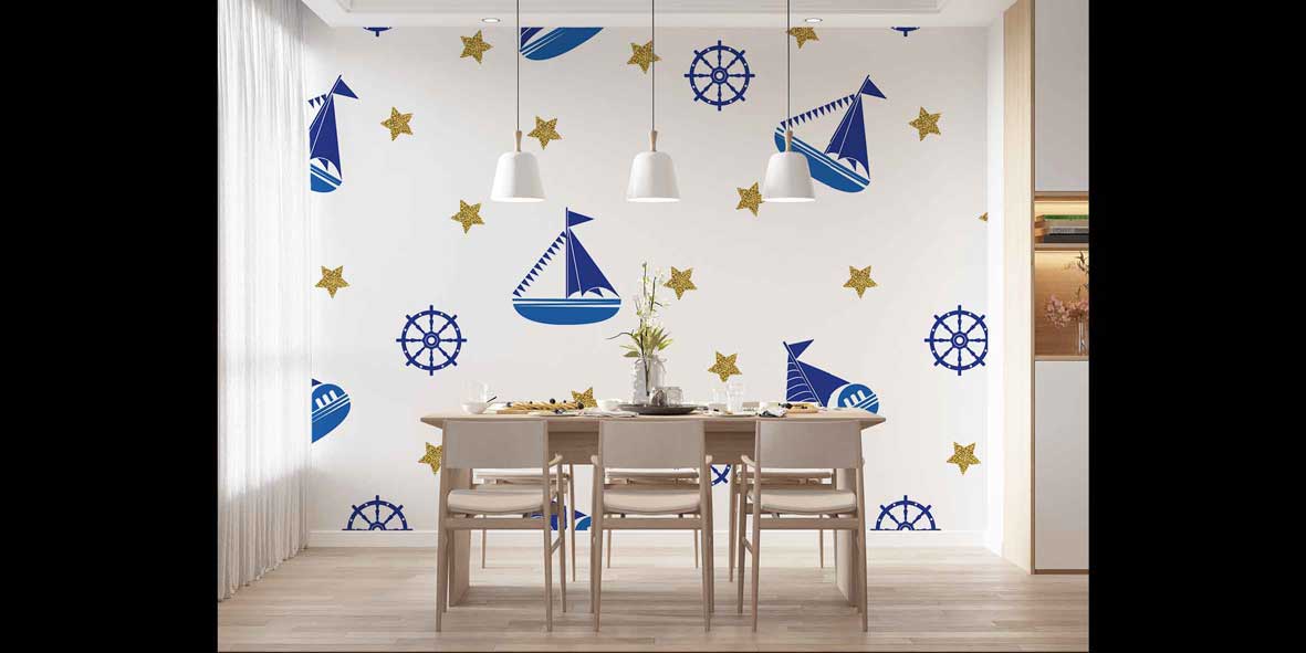 Yelkenli ve Dümen Desenli Deniz Temalı Duvar Kağıdı 4625