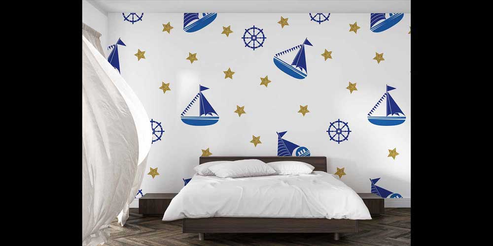 Yelkenli ve Dümen Desenli Deniz Temalı Duvar Kağıdı 4625