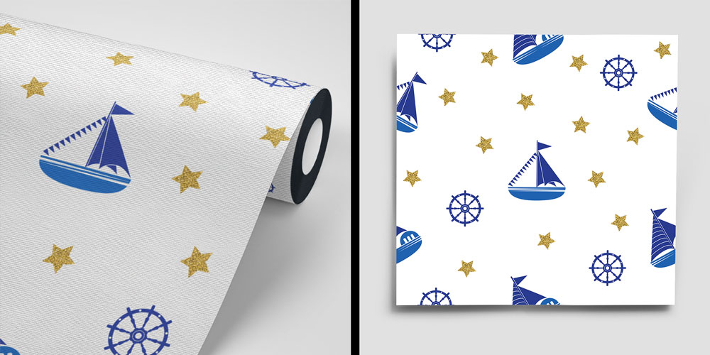 Yelkenli ve Dümen Desenli Deniz Temalı Duvar Kağıdı 4625