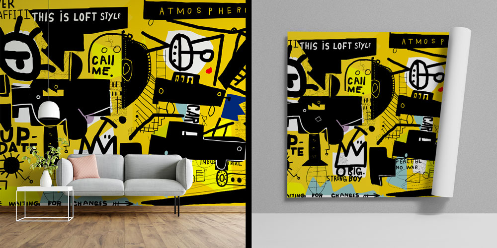 Loft Stil Sarı Siyah Grafiti Duvar Kağıdı 5015