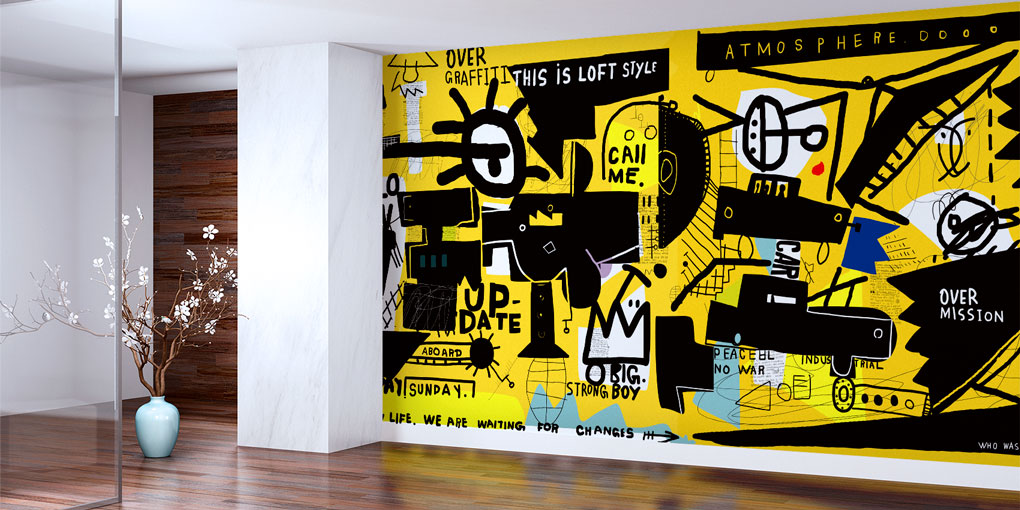 Loft Stil Sarı Siyah Grafiti Duvar Kağıdı 5015