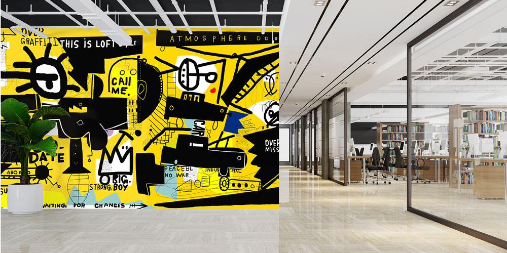 Loft Stil Sarı Siyah Grafiti Duvar Kağıdı 5015