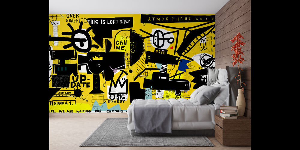 Loft Stil Sarı Siyah Grafiti Duvar Kağıdı 5015