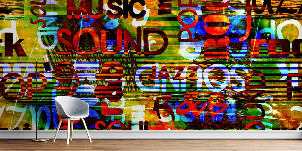 Tipografik Müzik Kelimeleri Temalı Renkli Duvar Kağıdı 5066