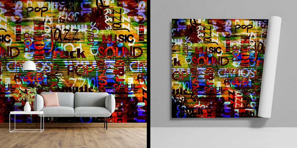 Tipografik Müzik Kelimeleri Temalı Renkli Duvar Kağıdı 5066