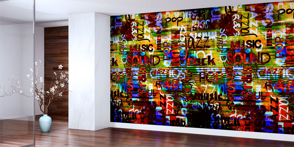 Tipografik Müzik Kelimeleri Temalı Renkli Duvar Kağıdı 5066