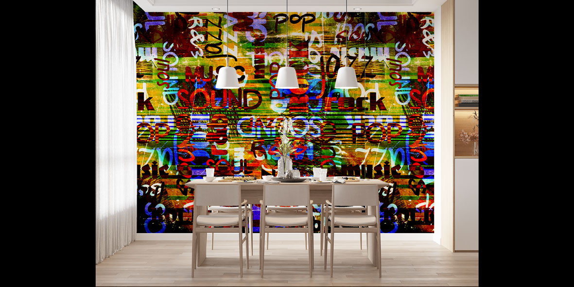 Tipografik Müzik Kelimeleri Temalı Renkli Duvar Kağıdı 5066