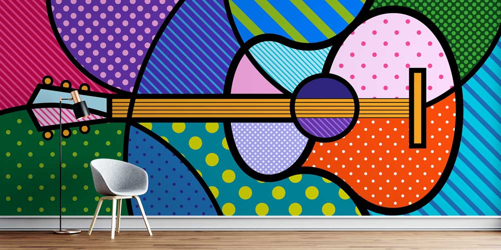 Pop Art Gitar Desenli Renkli Duvar Kağıdı 5073