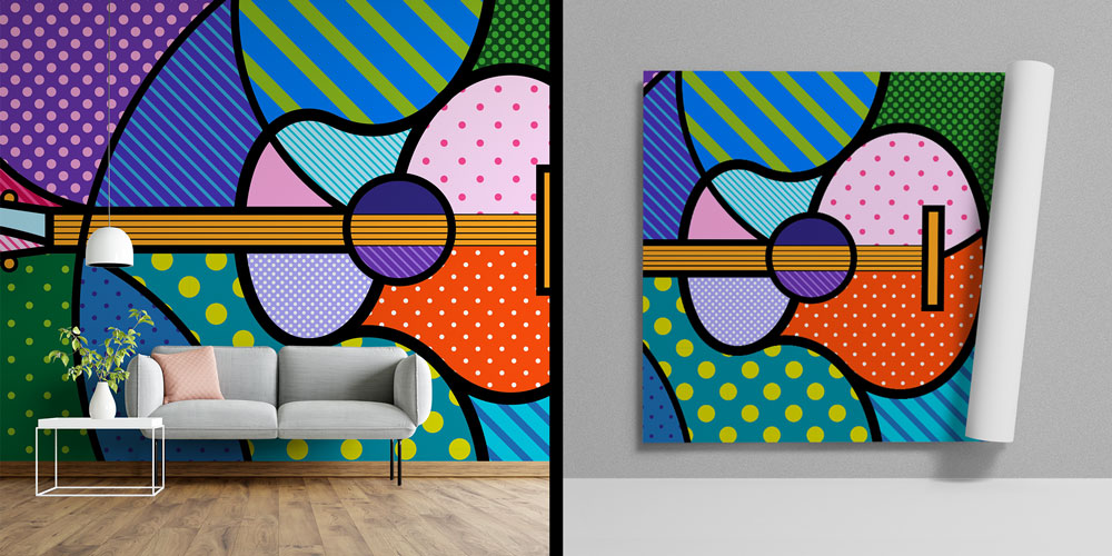 Pop Art Gitar Desenli Renkli Duvar Kağıdı 5073