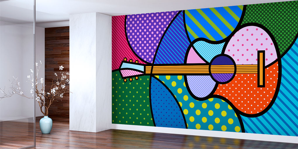 Pop Art Gitar Desenli Renkli Duvar Kağıdı 5073