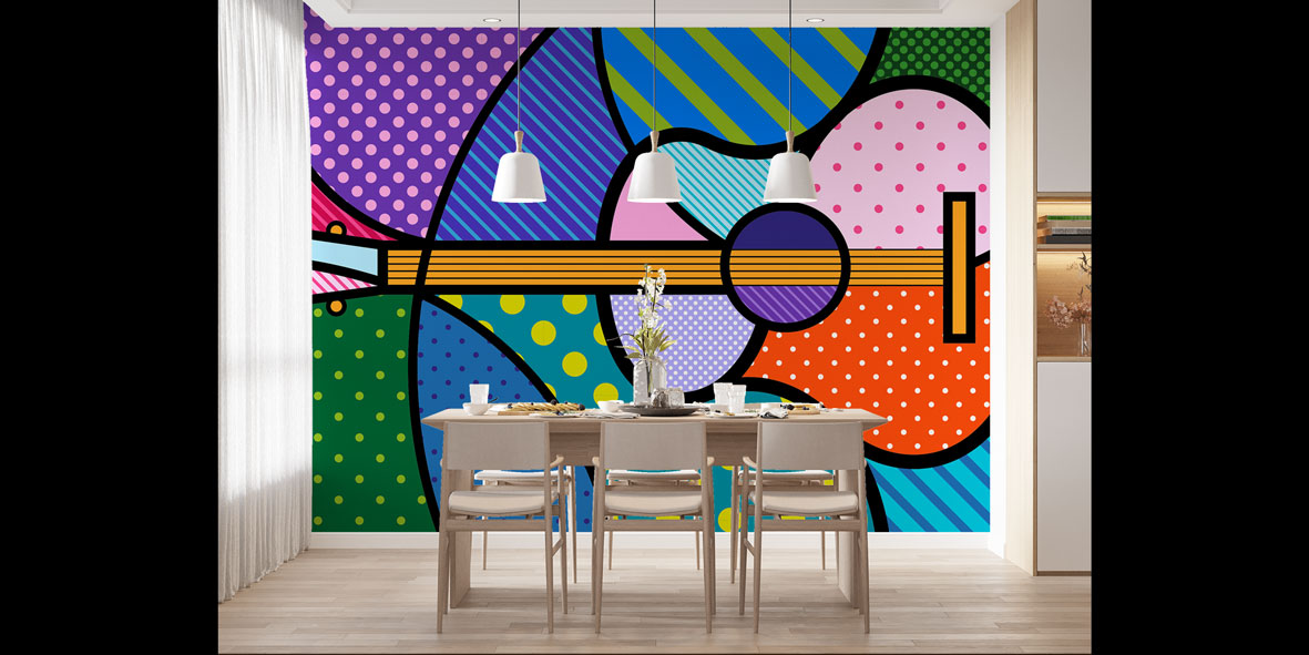Pop Art Gitar Desenli Renkli Duvar Kağıdı 5073