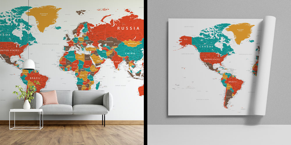 Renkli ve Detaylı Siyasi Dünya Haritası Harita Sanatı Duvar Kağıdı 5128