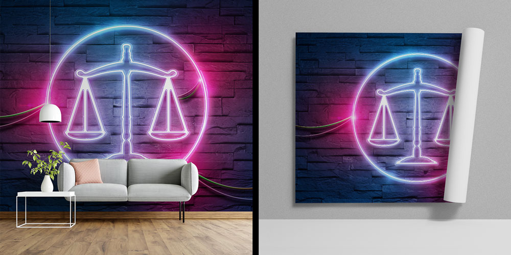 Neon Adalet Terazisi Duvar Kağıdı – Hukuk Büroları için Modern Tasarım 5284