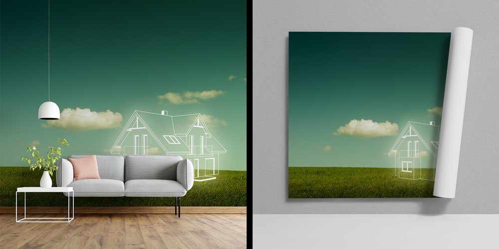 duvar-kagitlari-5587-00 Yeşil Arazi Üzerinde Ev Çizimi Duvar Kağıdı - İnşaat ve Emlak Ofisleri İçin 5587