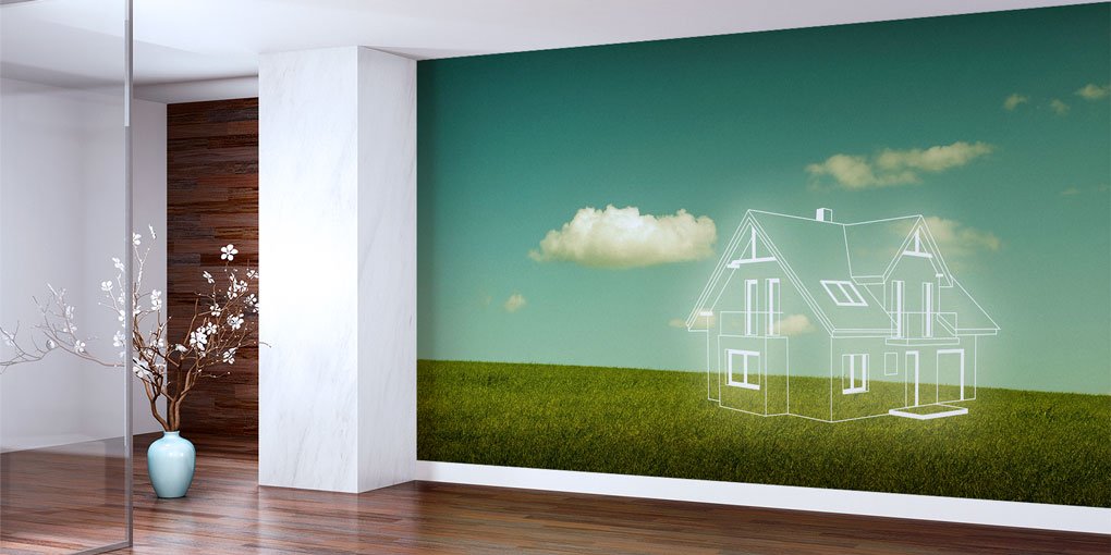 Yeşil Arazi Üzerinde Ev Çizimi Duvar Kağıdı - İnşaat ve Emlak Ofisleri İçin 5587