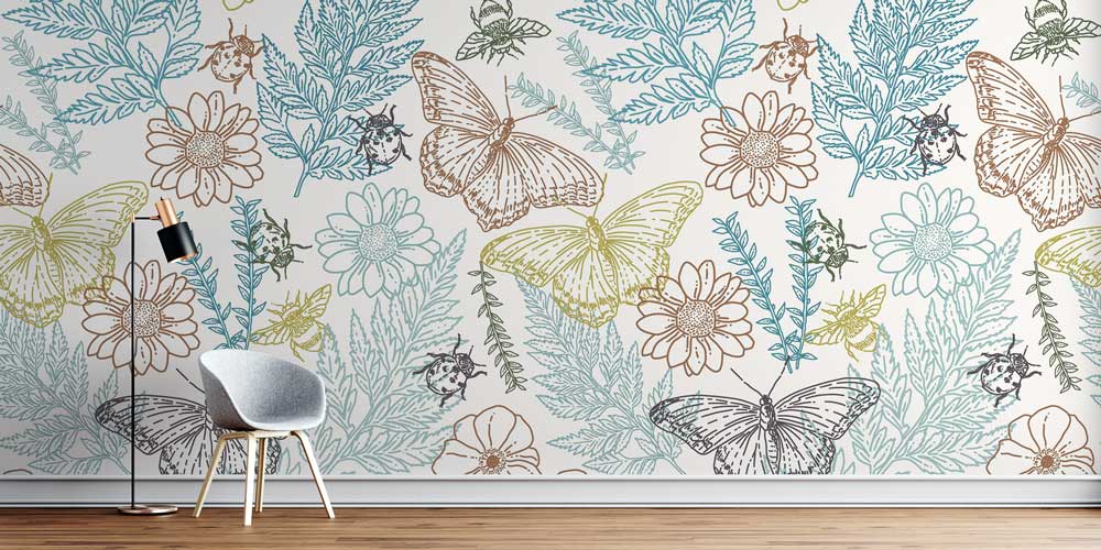 Kelebek ve Botanik Yaprak Desenli Dekoratif Duvar Kağıdı 4244