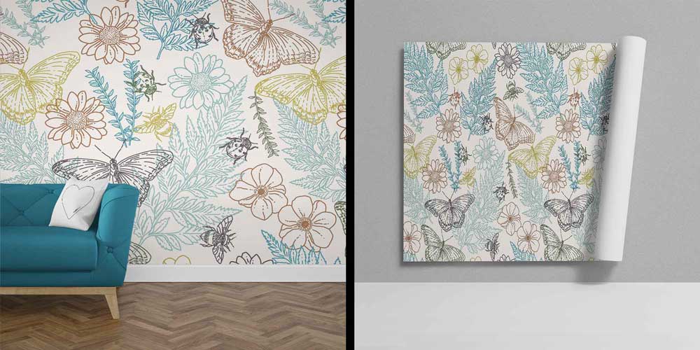 Kelebek ve Botanik Yaprak Desenli Dekoratif Duvar Kağıdı 4244