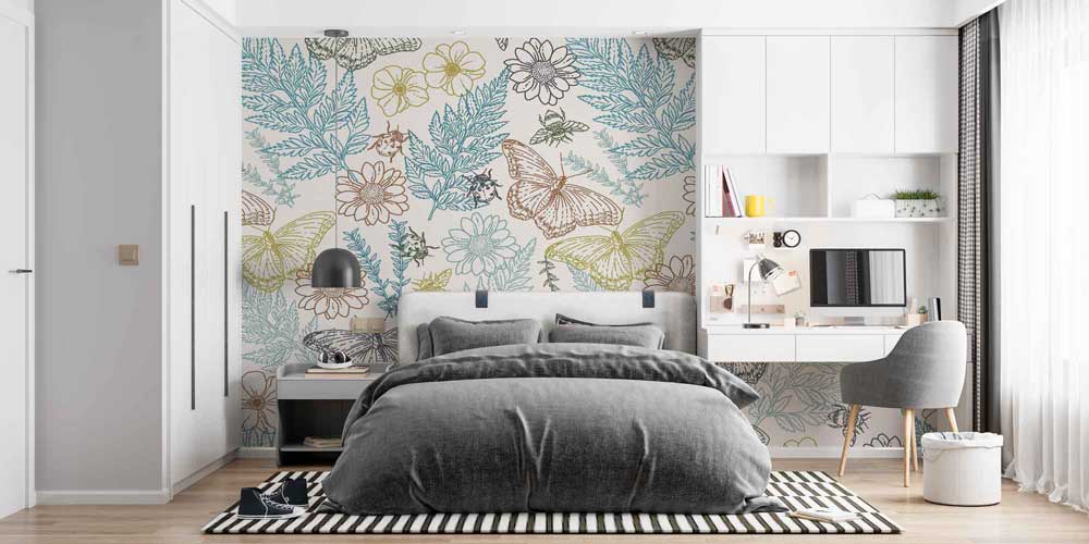 Kelebek ve Botanik Yaprak Desenli Dekoratif Duvar Kağıdı 4244