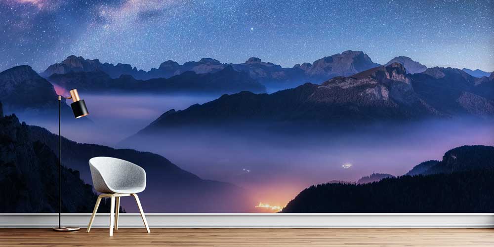 Yıldızlı Gece ve Dağ Manzaralı Doğa Temalı Duvar Kağıdı 4346