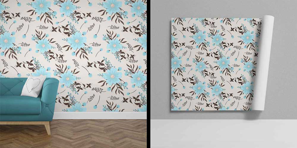 Mavi Çiçek Desenli Ferah Botanik Duvar Kağıdı 4250