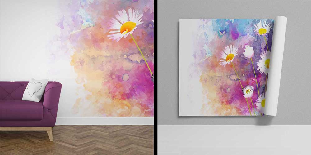 Sulu Boya Papatya Desenli Sanatsal Botanik Duvar Kaplaması 4270