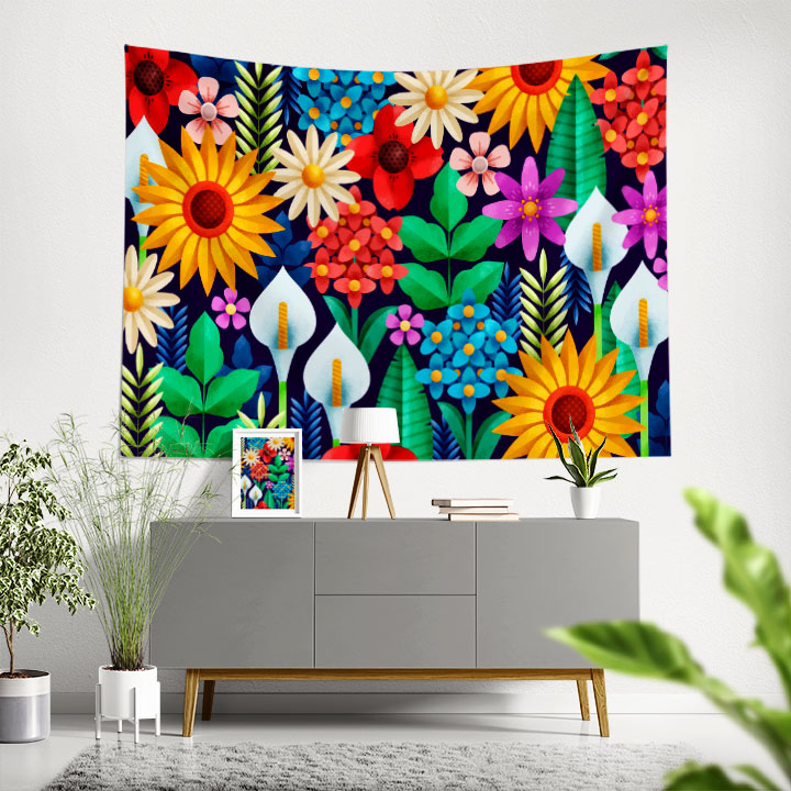 Renkli Çiçek Desenli Botanik Duvar Örtüsü Kumaş Baskı 4278