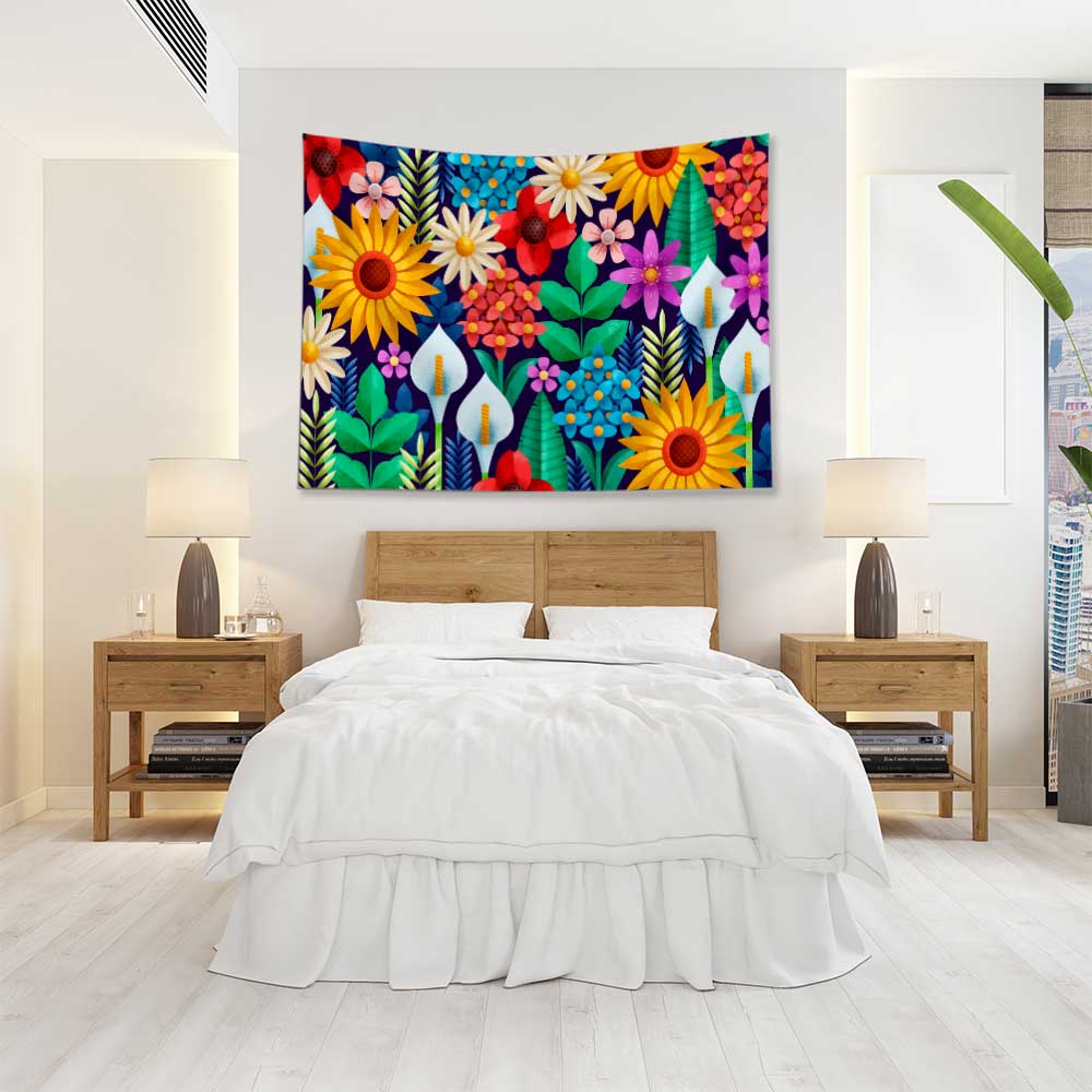 Renkli Çiçek Desenli Botanik Duvar Örtüsü Kumaş Baskı 4278