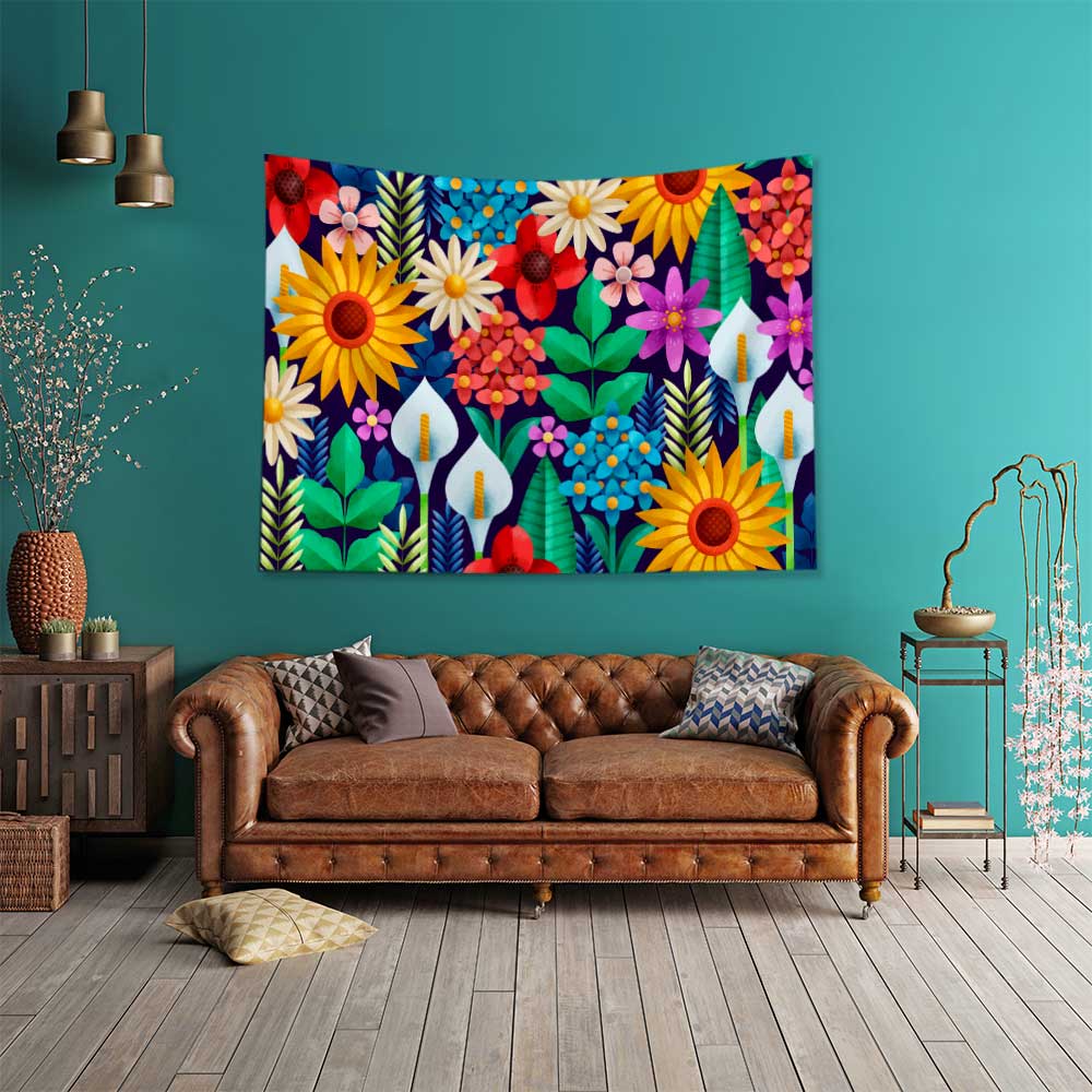 Renkli Çiçek Desenli Botanik Duvar Örtüsü Kumaş Baskı 4278