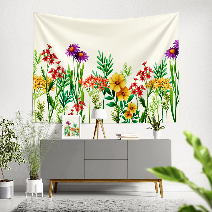Renkli Çiçek Bahçesi Desenli Botanik Duvar Örtüsü Kumaş Baskı 4289