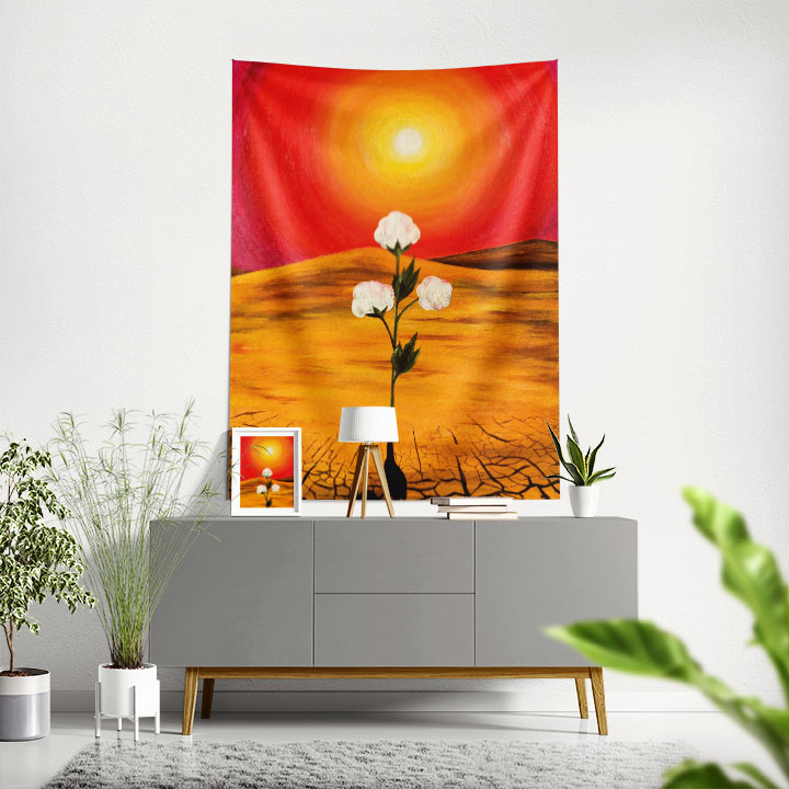 Kızıl Gün Batımında Beyaz Çiçek Desenli Sanatsal Botanik Duvar Örtüsü Kumaş Baskı 4296