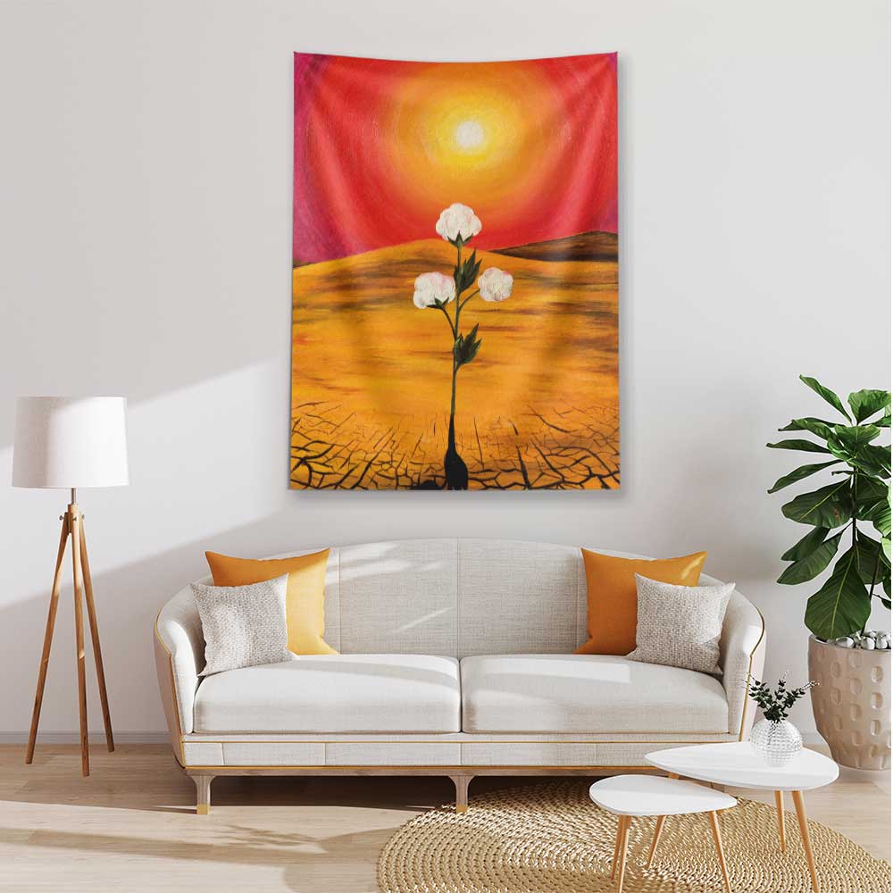 Kızıl Gün Batımında Beyaz Çiçek Desenli Sanatsal Botanik Duvar Örtüsü Kumaş Baskı 4296