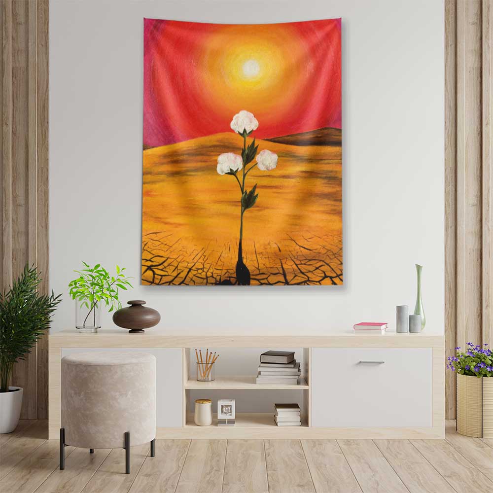 Kızıl Gün Batımında Beyaz Çiçek Desenli Sanatsal Botanik Duvar Örtüsü Kumaş Baskı 4296